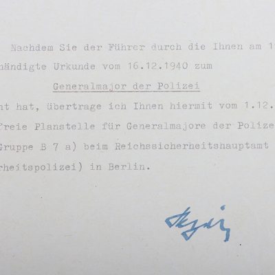 #315 – Rare Hand Signed Document from SS-Obergruppenfuhrer Reinhard Heydrich to Generalmajor der Polizei Heinrich Müller