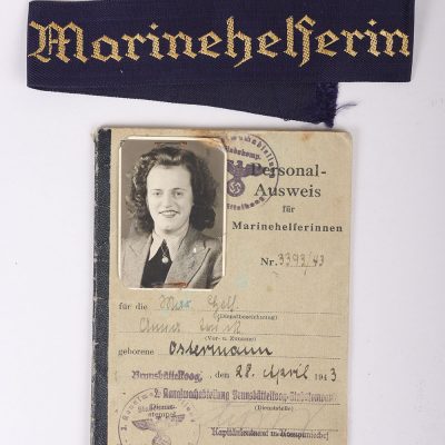 #381 – WW2 German Kriegsmarine (Navy) Helpers Pass to Anna Ostermann with Uniform Cuff Title Marinehelferin