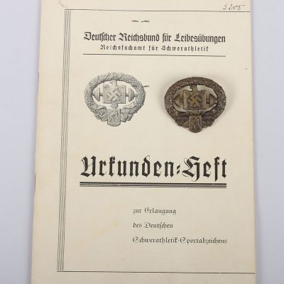 #430 – Rare German Sports Association DSAV Heavy Athletic Sports Badge and Award Document Booklet to Uffz K. Walter, Inf. Rgt 78, Paderborn