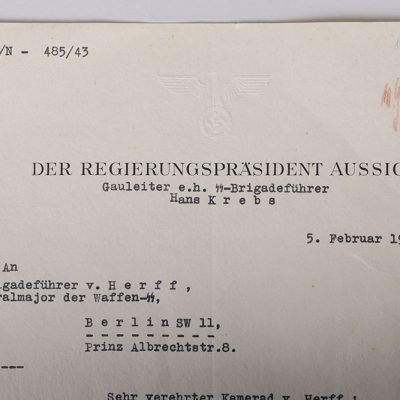 #544 – Period Letter by SS-Brigadeführer (Gauleiter) Hans Krebs to SS-Brigadeführer von Herff 1943