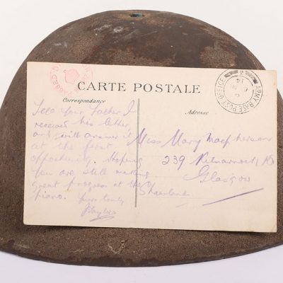 #136 – WW1 British Steel Combat Helmet with Postcard Sent Back from the Front