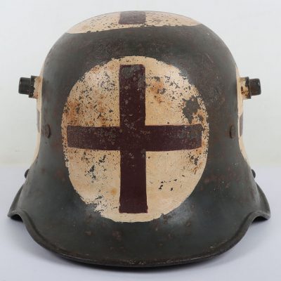 #454 – WW1 German M-16 Steel Helmet Shell Used by a Medic